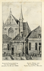600109 Gezicht op de St.-Josephkerk (Draaiweg) te Utrecht met op de voorgrond enkele huisjes aan het Zwarte Water.